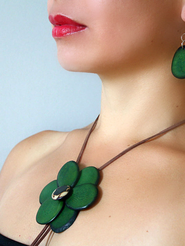 Margarita Flower Tagua Necklace Set - Green
